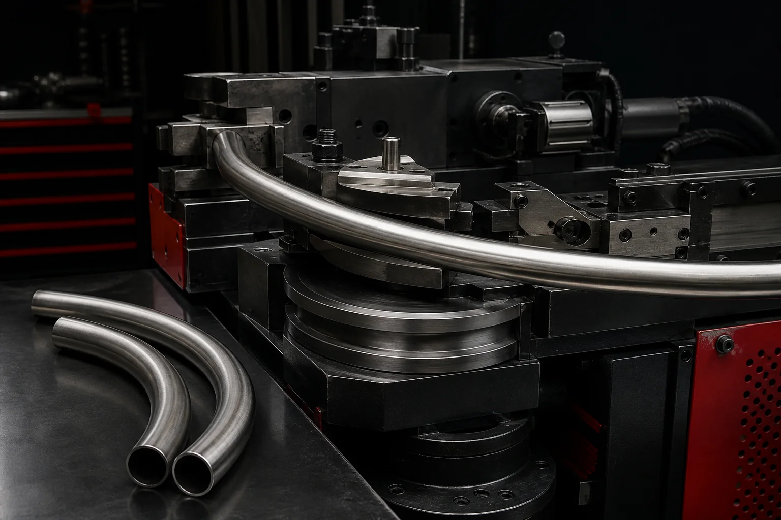 Cintreuse industrielle formant un tube métallique sans opérateur visible