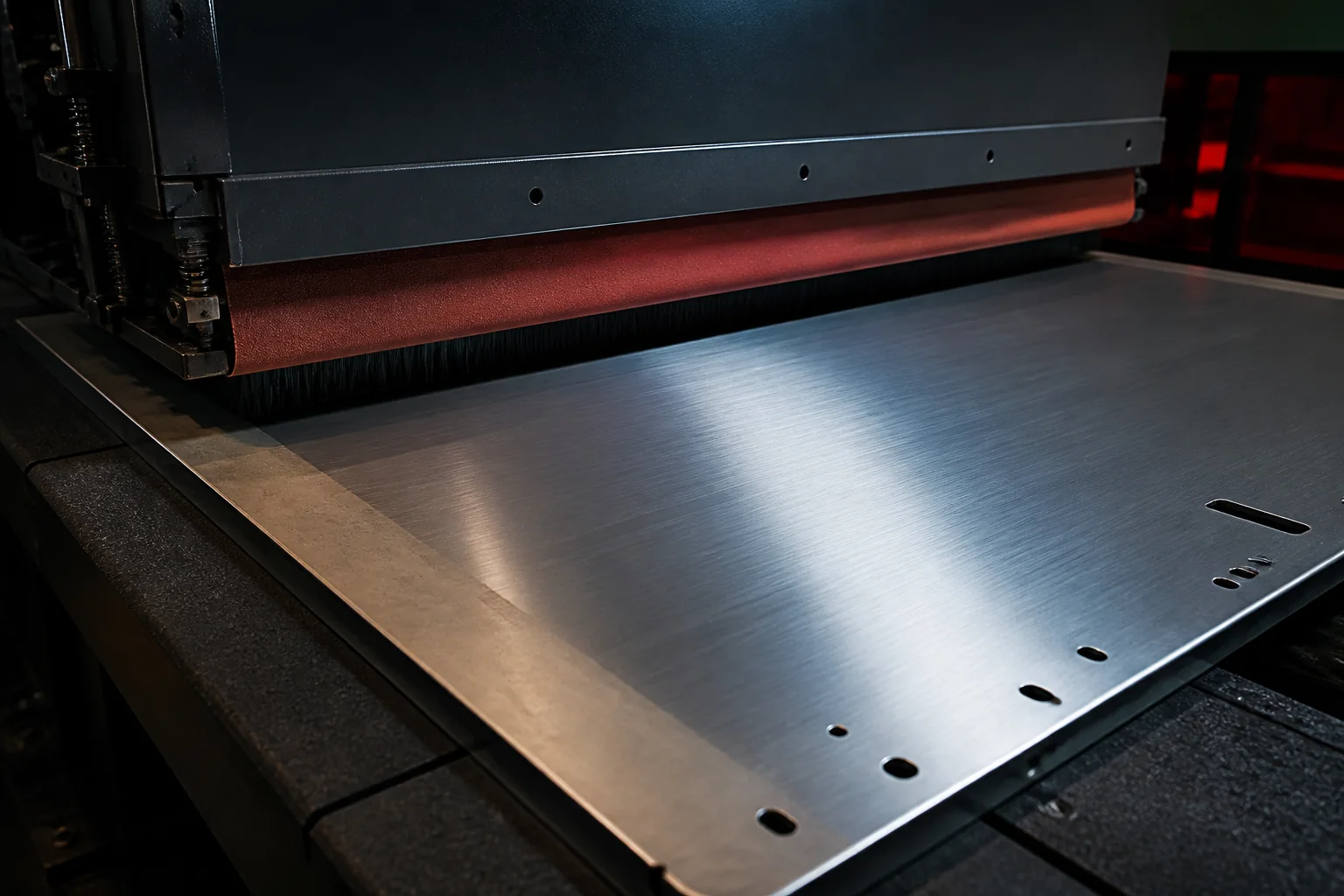 Machine de finition créant un brossage régulier sur un panneau inox